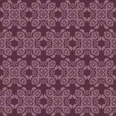 Seamless square pattern from abstract geometrical floral ornaments in lilac color on a purple background. Vector illustration. Suitable for fabric, wallpaper and wrapping paper