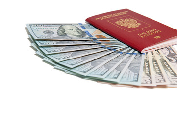 Passport and money. Travel expenses concept uncropped on white background. Money from different countries.