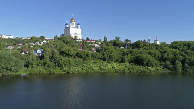 Aerial view of Ascension Cathedral church in Yelets city, Lipetsk region, Russia, 4k