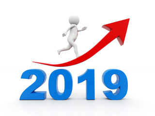 business graph with arrow up and 2019 symbol, represents growth in the new year 2019, business man running on 2019, 3D illustration