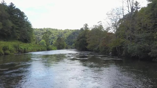 Aerial shot of the New River as it flows through Ashe County, North Carolina.