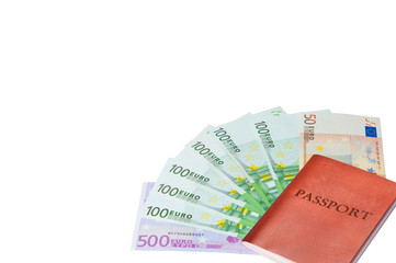 Passport and money. Travel expenses concept uncropped on white background. Money from different countries.