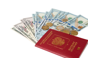 Passport and money. Travel expenses concept uncropped on white background. Money from different countries.