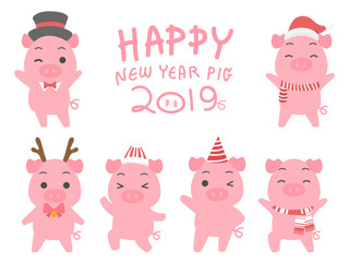 Obraz premium Set of cute fat pink pigs cartoon character for Happy New Year 2019 Holiday. Happy Cheerful and Funny pigs posing in different situations flat vector illustrator.