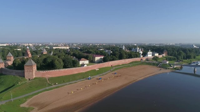 Aerial view on Saint Sophia Cathedral and Novgorod Kremlin on Volkhov river, Veliky Novgorod, Russia, 4k
