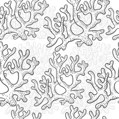 Vector seamless pattern corrals. Polyps monochrome black white outline sketch illustration isolated on white background for design of tourist marine theme.