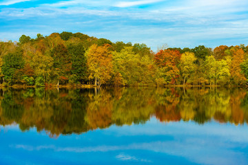 Colorful fall trees reflecting on calm water in park