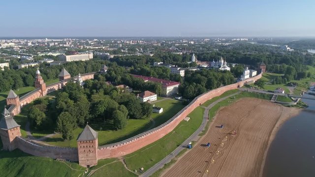 Aerial view on Saint Sophia Cathedral and Novgorod Kremlin on Volkhov river, Veliky Novgorod, Russia, 4k