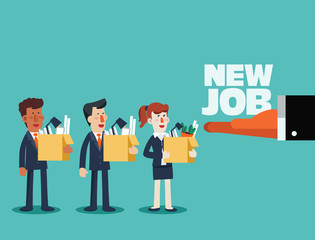 Welcome to the new job vector business concept. Boss offering a new job to employee. Successful smiling young business person holding a box with his things. Start and time for a new job illustration