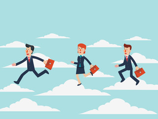 Business people running on clouds in the sky