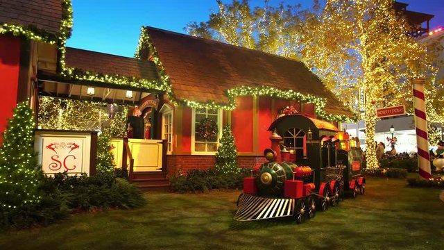 Los Angeles, NOV 26: Night view of the north pole train decoration in the Americana at Brand on NOV 26, 2018 at Los Angeles, California