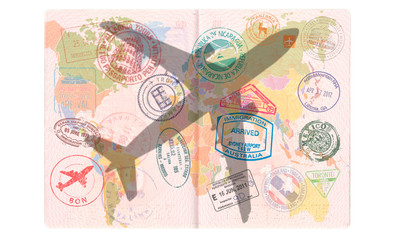 Silhouette of a passenger plane in the Passport. World map, Travel concept