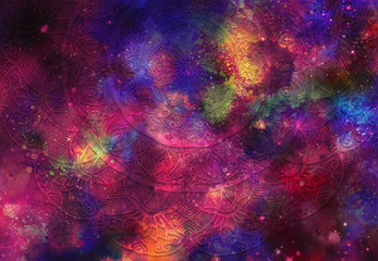 Abstract ancient geometric with star field and colorful galaxy background, watercolor digital art...