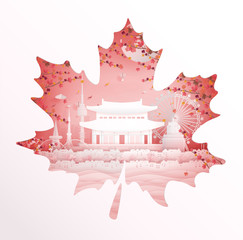 Autumn in South Korea with season concept for travel postcard, poster, tour advertising of world famous landmarks in paper cut style. Vector illustration.