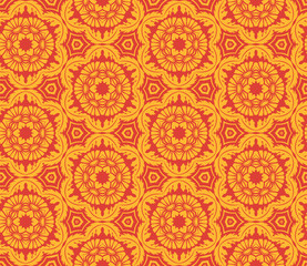 Seamless hexagonal pattern from circular abstract floral ornaments in orange color on a bright red background. Vector illustration. Suitable for fabric, wallpaper and wrapping paper