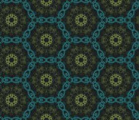 Seamless hexagonal pattern from circular abstract floral ornamentsin green and turquoise colors on a dark background. Vector illustration. Suitable for fabric, wallpaper and wrapping paper