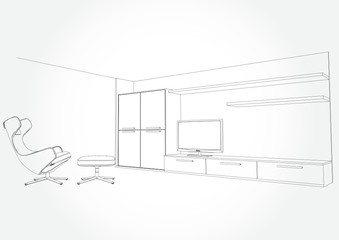 Linear sketch of an interior. Living room plan. Sketch Line sofa set. Vector illustration.outline sketch drawing perspective of a interior space.