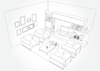 Linear sketch of an interior. Living room plan. Sketch Line sofa set. Vector illustration.outline sketch drawing perspective of a interior space.