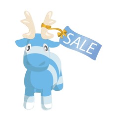 Vector cute blue cartoon reindeer toy with sale label. Funny character for merry christmas and new year holiday illustrations.