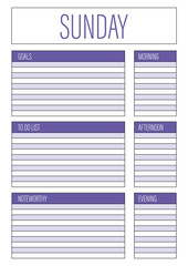 Day planner, Sunday planner for diary, notebook. Printable A4 planner vector illustration.