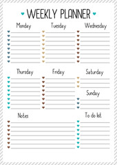 Weekly planner for  for diary, notebook. Printable A4 planner vector illustration