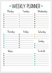 Weekly planner for for diary, notebook. Printable A4 planner vector illustration