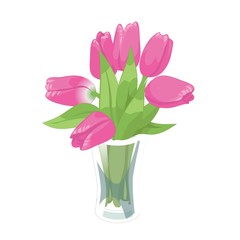 Pink tulips spring bouquet in the glass vase on the white background. Flower vector illustration.