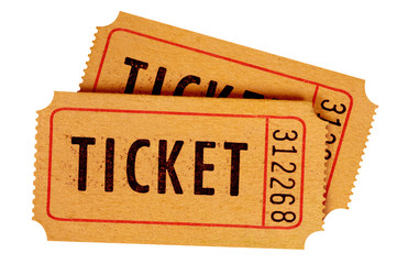 Two old movie tickets isolated white background.