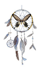 Dream catcher with feathers and butterfly isolated on white background. Hand drawn illustration. Boho style.