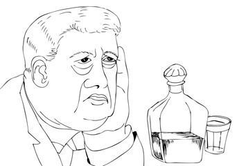 Portrait of an alcoholic. Portrait of a man with vodka. Hand drawn illustrations for coloring