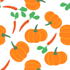 Vector seamless pattern with hand drawn vegetables. Farm market products. Carrot and pumpkin. Simple vegetarian food drawing.