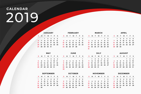2019 modern red wavy calendar template design