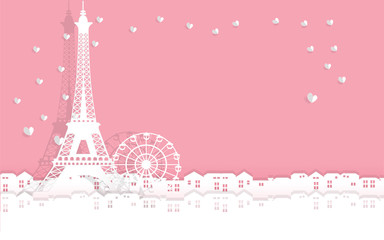 Fototapeta na wymiar Valentine's card with Eiffel tower with heart paper cut. all in paper cut style vector illustration
