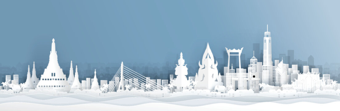Panorama view of Thailand skyline with world famous landmarks in paper cut style vector illustration
