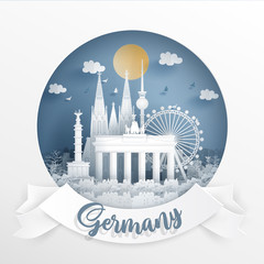 World famous landmark of Germany with white frame and label. Travel postcard and poster, brochure, advertising Vector illustration. © ChonnieArtwork 