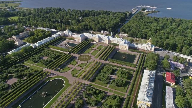 Flight around the Petrodvorets Palace in Peterhof Park, a suburb of St. Petersburg, Russia, 4k