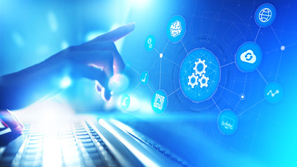 Automation of business and industrial manufacturing process. Technology innovation and software development concept on virtual screen.