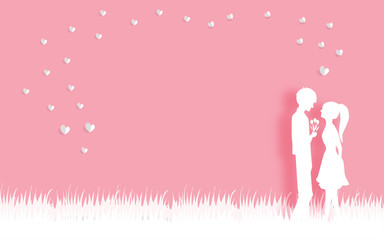 Valentine's card with in love couple in paper cut style vector illustration.
