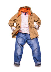 Layout of men casual clothes. Jacket, t-shirt and jeans isolated on white background