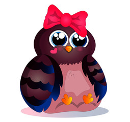 Bright cartoon owl-girl with a bow