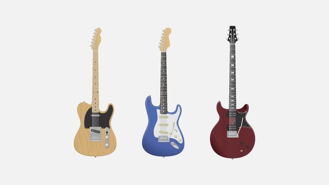 Animation set of silhouettes electric guitars appearing one by one and make realistic composition in color. Popular types of guitars housing. Classic musical instrument.