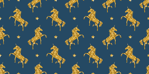 Colorful gold Unicorn on blue. Magical animal Pattern
