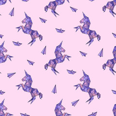 Unicorn pegas in origami polygonal style pattern