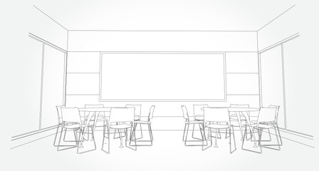 interior outline sketch drawing perspective of a space office.Workplaces . Tables, chairs and windows. Vector illustration in a sketch style.