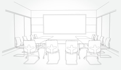 interior outline sketch drawing perspective of a space office.Workplaces . Tables, chairs and windows. Vector illustration in a sketch style.