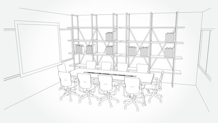 interior outline sketch drawing perspective of a space office.Workplaces . Tables, chairs and windows. Vector illustration in a sketch style.