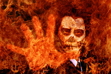 Skull face guy makeup in Flame buring scene.