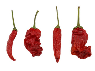 dried red thai chili and peter pepper chili isolated on white background