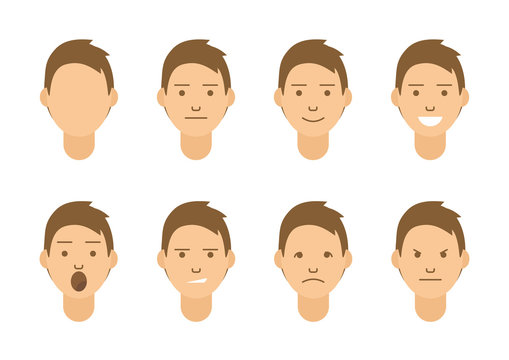 A set of emotions. 8 types of male faces. Different moods vector images. Isolated on white background.