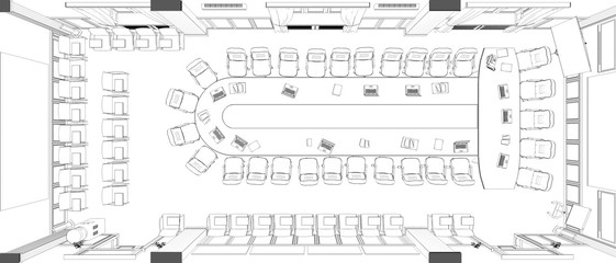 conference room, meeting room, contour visualization, 3D illustration, sketch, outline